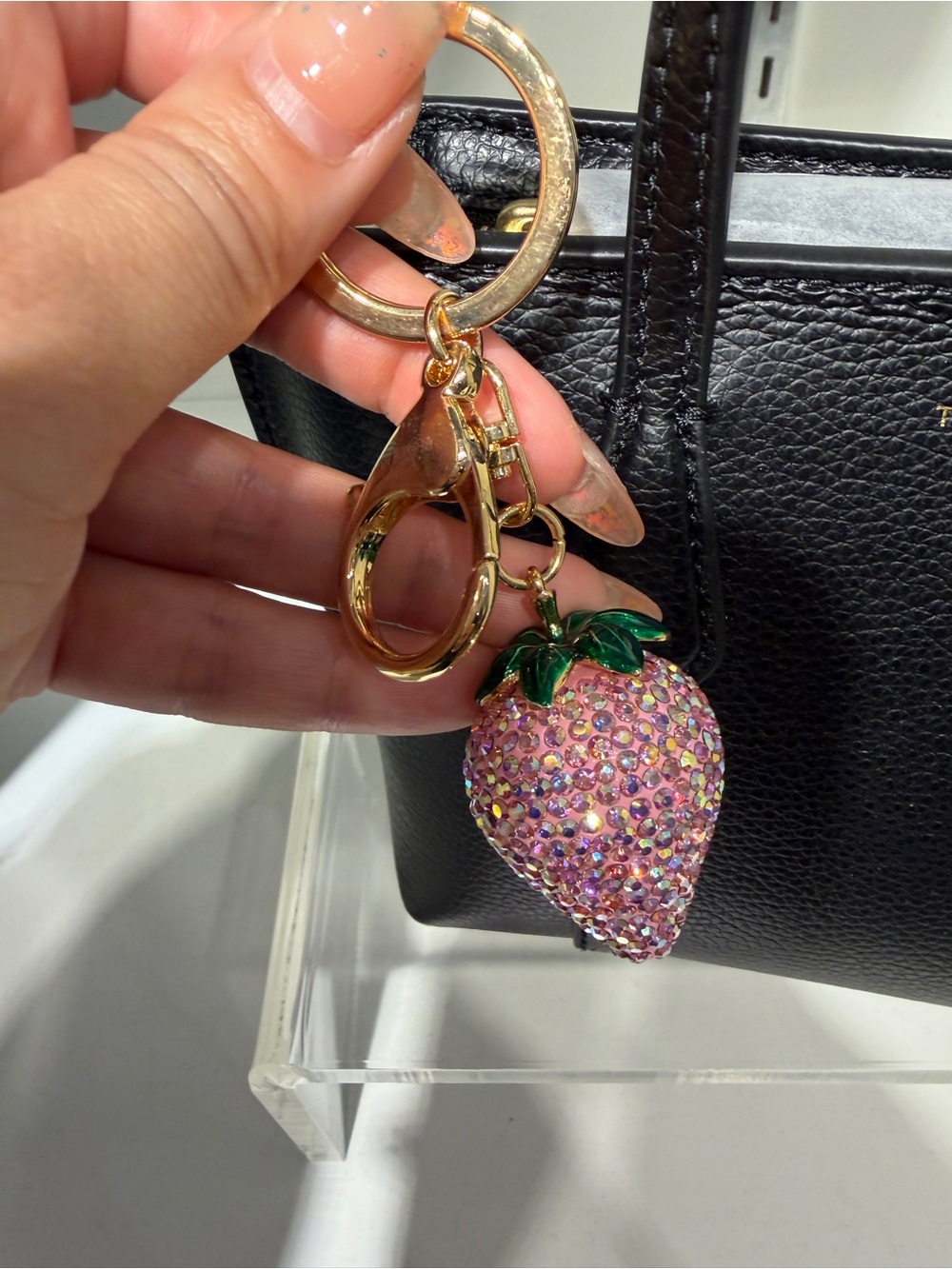 Pink Strawberry sparkling cubic handbag decor charm / keychain